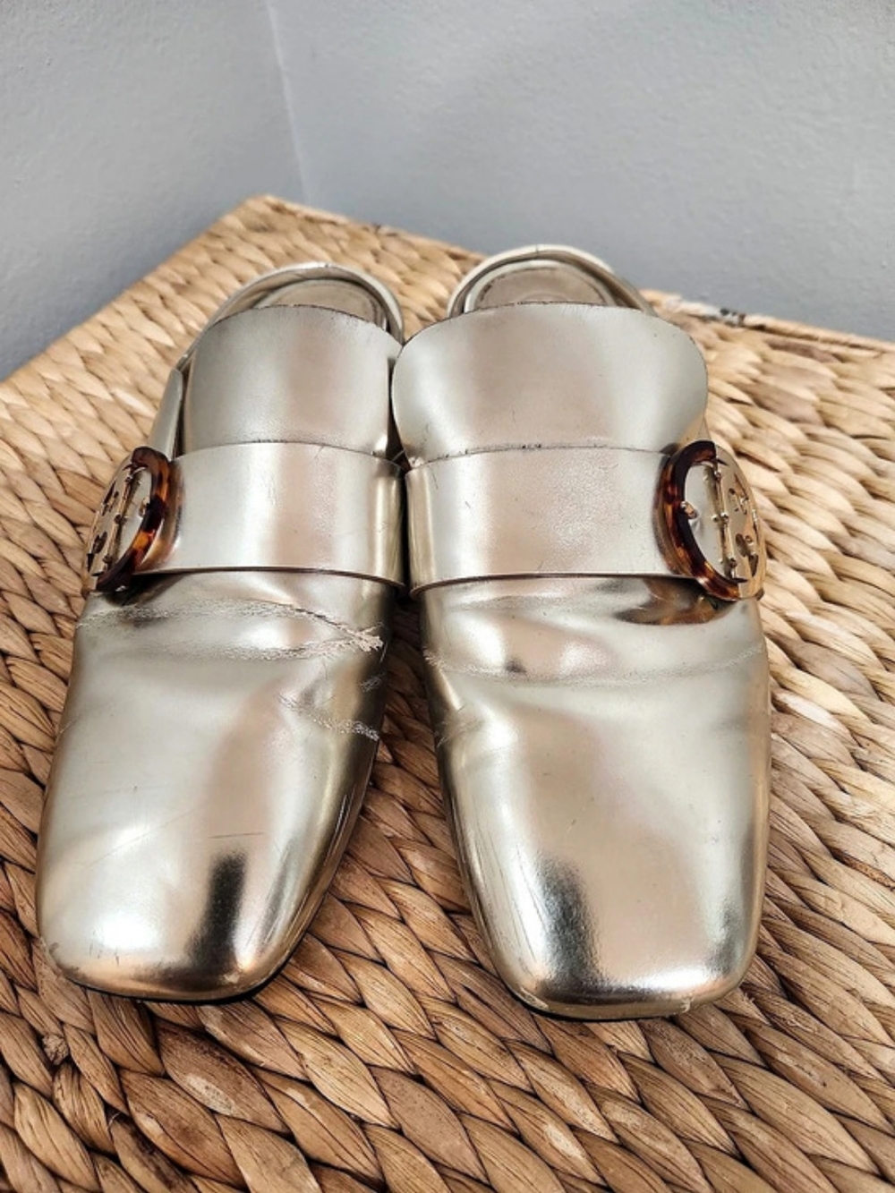 Tory Burch Logo Square Toe Slide Metallic Gold Mules US 8M